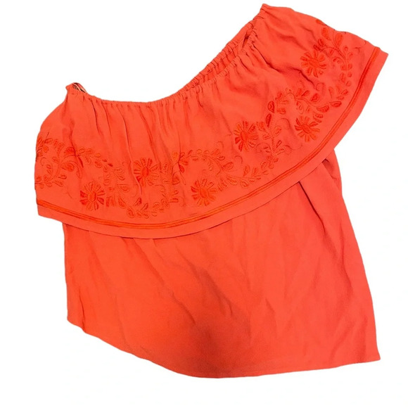 Rebecca Minkoff Rita One Shoulder Embroidered Coral Top Blouse Size Medium - Picture 4 of 8